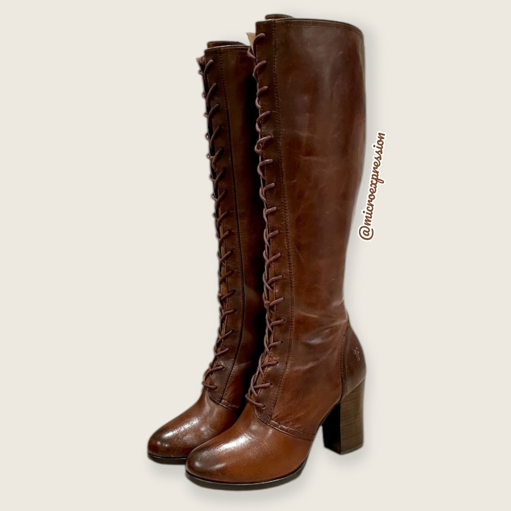 $699 Frye Parker Lace-Up Victorian Brown Leather Tall Boho Heeled Knee High Boot - Picture 7 of 16